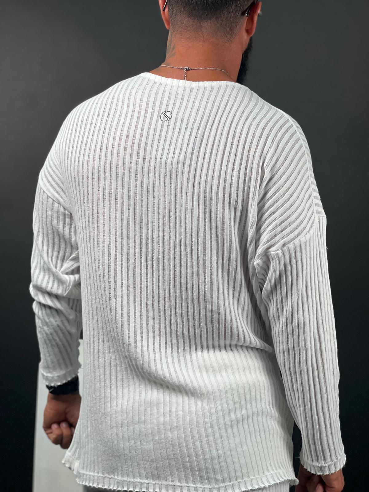 A shirt made from striped linen fabric, with an open collar and long sleeves.