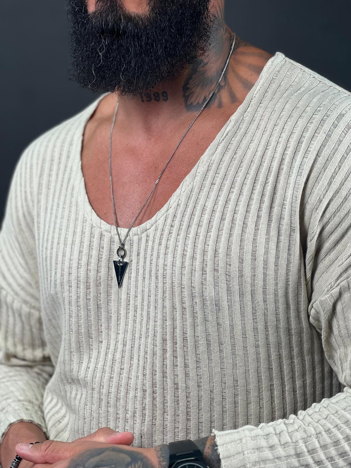 A shirt made from striped linen fabric, with an open collar and long sleeves.