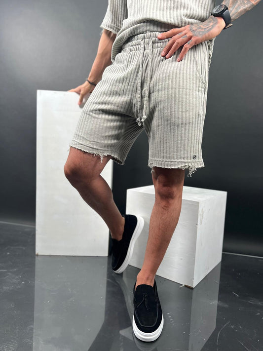 Short pants made from striped linen fabric.