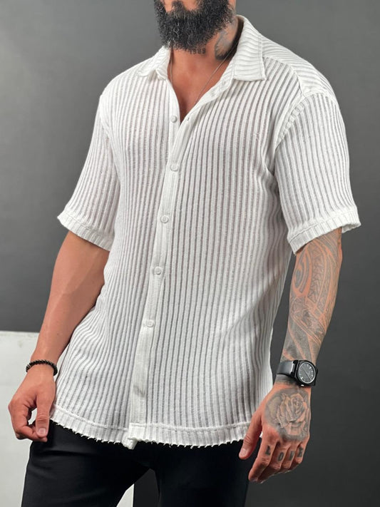 A short-sleeve button-up shirt made from striped linen fabric.