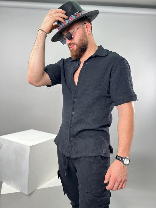 Short button-up shirt for men made of soft linen, Soliton Collection