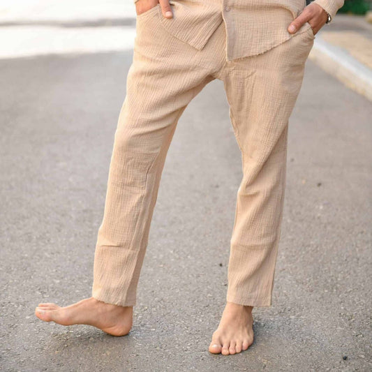 Long linen pants made from soft fabric with delicate distressed finishing.-Soliton collection