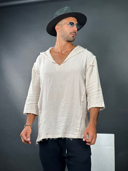 Hoodie with a V-neck made of linen, Soliton collection